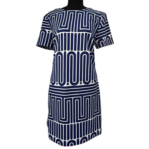 TRINA TURK Zap Geometric Short Sleeve Shift Dress Blue White Large - Picture 1 of 10